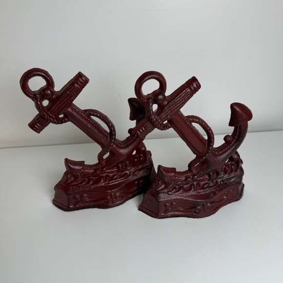 Other - Anchor Bookends Nautical Cast Iron Set 2 Burgundy Red Coastal Decor